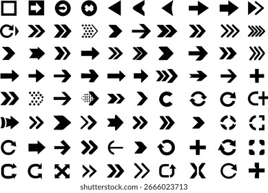 Una cuadrícula de numerosos iconos en blanco y negro con diferentes direcciones de flecha, flechas circulares y signos más.