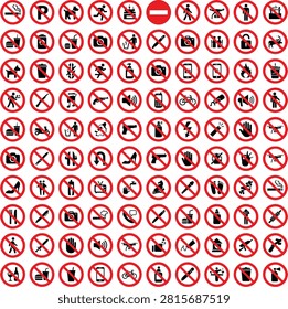 A grid of numerous red circular prohibition signs with black depicting forbidden actions and on a white background.