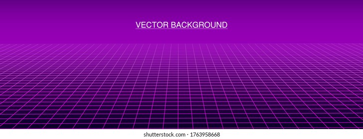 Gitter auf violettem Hintergrund. Zukunft rückgängig machen. Abstrakter Retrohintergrund im Stil der 80er Jahre. Wireframe-Landschaft. Perspektive. Vektorgrafik.