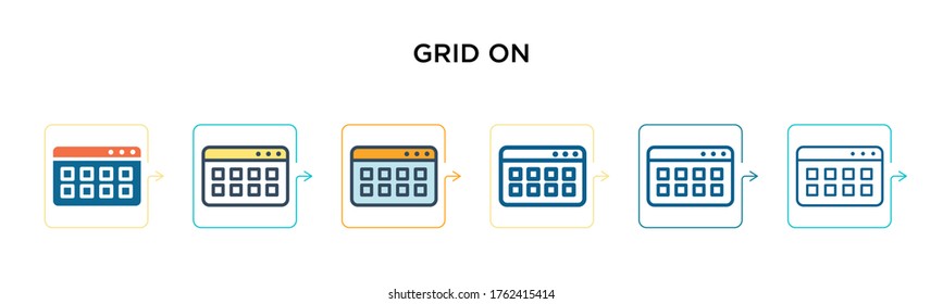 Grid on vector icon in 6 different modern styles. Black, two colored grid on icons designed in filled and outline stroke style. Vector illustration can be used for web, mobile, ui.