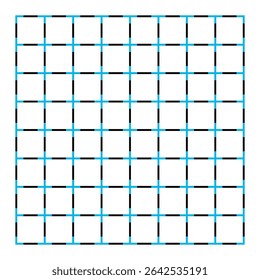 Grid with optical illusion of neon color spreading. Fluid borders between edges of a colored object and background in presence of dark lines. Blue circles appear, especially when viewed from distance.