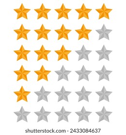 Cuadrícula de estrellas naranja y gris que representa un sistema de clasificación, con colores decrecientes de arriba a abajo. Ilustración vectorial. EPS 10.