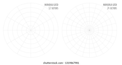 Grid for painting mandala. Do it yourself! 12 and 24 sectors. Print for your sketchbook or coloring book. Easy way to make beautiful pattern. Use grid and make your own mandala.