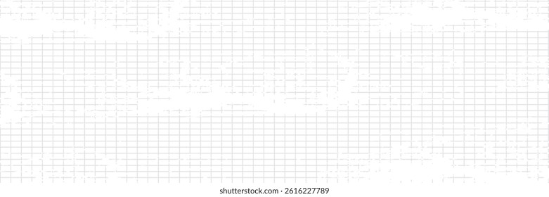 Grid paper long banner. Notebook paper. Grid on white background. Technical architect blank. Graph sketch. Checkered backdrop of map. Printable geometric design elements. Vector illustration.