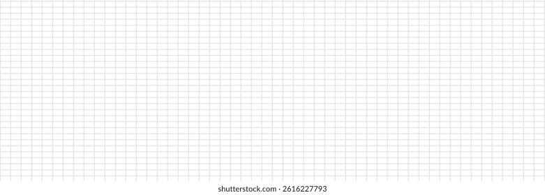 Grid paper long banner. Notebook paper. Grid on white background. Technical architect blank. Graph sketch. Checkered backdrop of map. Printable geometric design elements. Vector illustration.