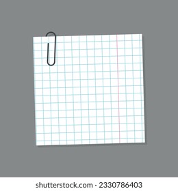 grid paper note with paperclip, blank notebook squared paper sheet, vector design element