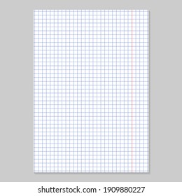 Grid paper. Realistic blank lined paper sheet in A4 format. Squared background with color graph. Geometric pattern for school, wallpaper, textures, notebook. Lined blank on transparent background.