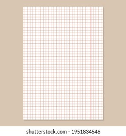 Grid paper. Realistic blank lined paper sheet in A4 format. Squared background with color graph. Geometric pattern for school, wallpaper, textures, notebook. Lined blank on transparent background.