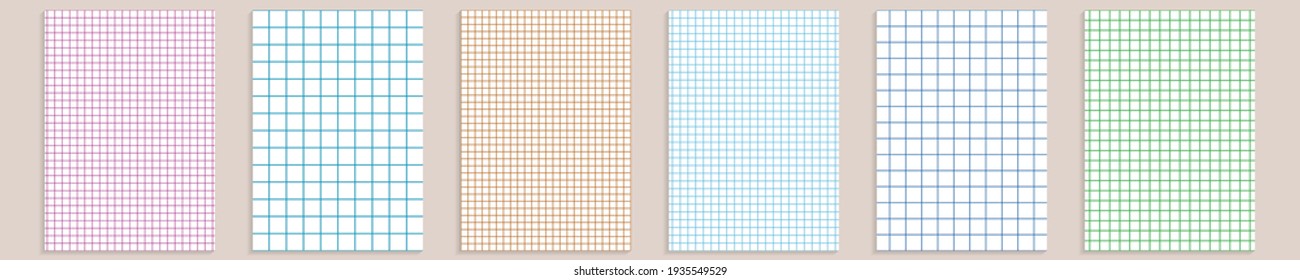 Grid paper set. Abstract squared background with color graph. Geometric pattern for school, wallpaper, textures, notebook. Lined blank A4 isolated on transparent background. Millimeter graph grid.