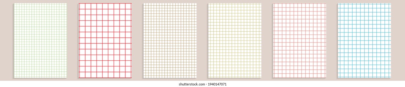 Grid paper set. Abstract squared background with color graph. Geometric pattern for school, wallpaper, textures, notebook. Lined blank A4 isolated on transparent background. Millimeter graph grid.