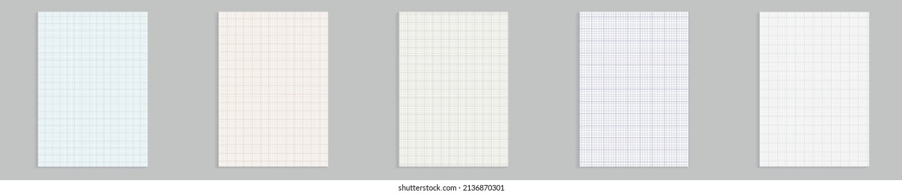 Grid paper set. Realistic blank lined paper sheet in A4 format. Squared background with color graph. Geometric pattern for school, wallpaper, textures, notebook. Lined blank on transparent background.