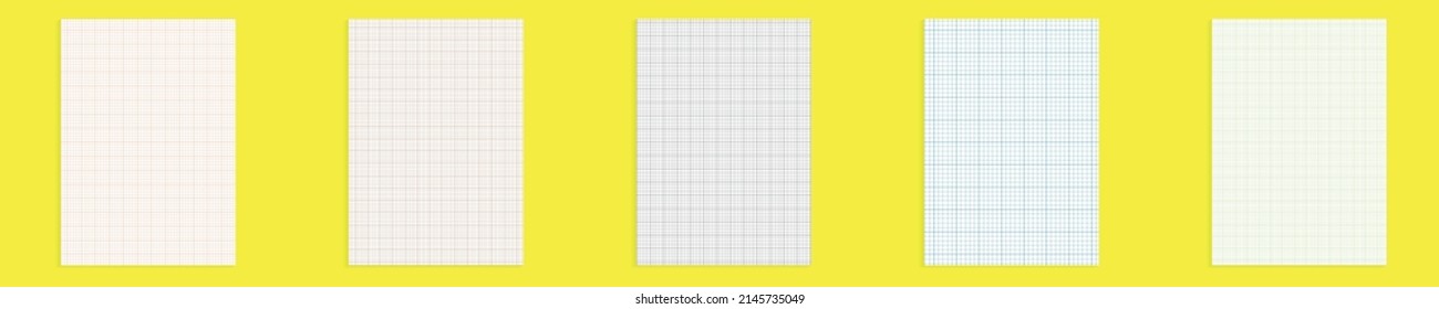 Grid paper set. Realistic blank lined paper sheet in A4 format. Squared background with color graph. Geometric pattern for school, wallpaper, textures, notebook. Lined blank on transparent background.
