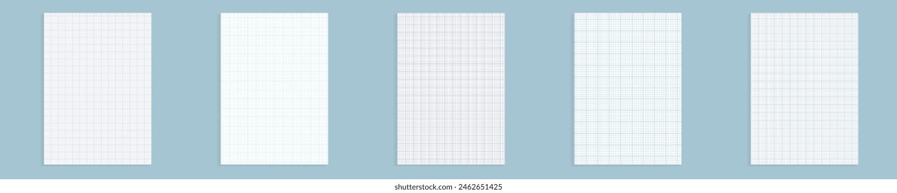 Gitterpapiersatz. Realistisches leeres, ausgekleidetes Papierblatt im A4-Format. Quadrierter Hintergrund mit Farbdiagramm. Geometrisches Muster für Schule, Bildschirmhintergrund, Texturen, Notizbuch. Auf transparentem Hintergrund leer ausgekleidet.