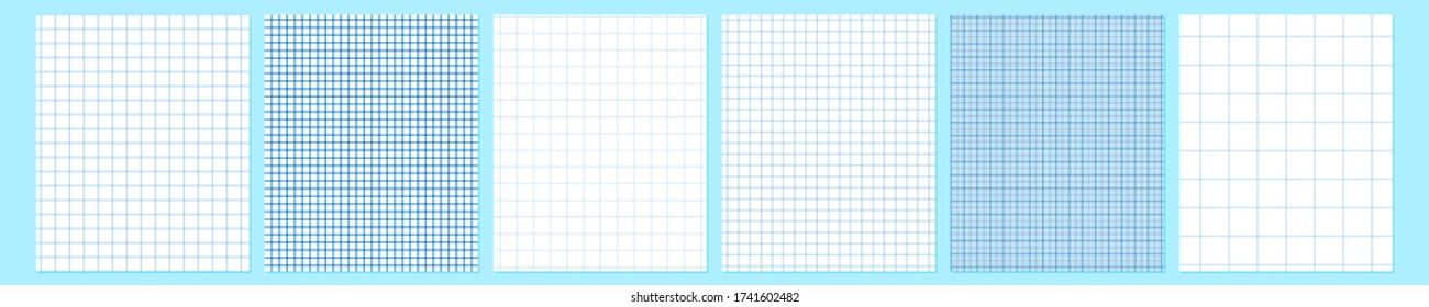 Grid paper set. Squared background with blue color graph. Geometric pattern for school. Lined blank sheets isolated on transparent background. Page notebook. Abstract concept graphic element.