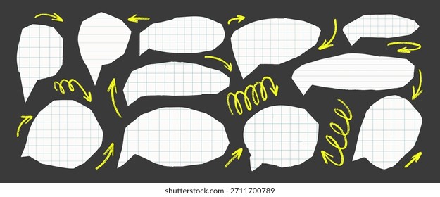 Recortes de balões de fala em papel de grade. Balões de diálogo do livro de recortes definidos. Matemática retrô rasgada e adesivos de bate-papo governado com textura áspera. Modelos de recorte isolados por vetor para colagem. Faixas de mensagens promocionais.