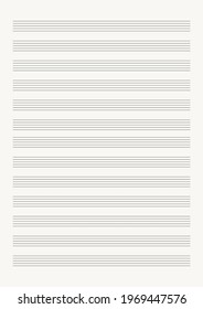 Grid paper with stave on a white background. A blank music sheet paper with staff. Geometric pattern for composition, education, school. A4 size.