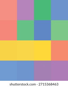 A grid of pastel colored squares in various sizes and soft hues of pink, purple, green, blue, yellow, and coral.