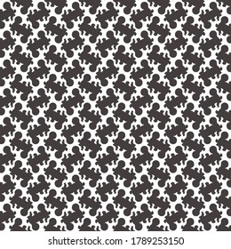 Grid pattern with fringed contours. Monochrome design composed of branched abstract shapes arranged in alternating positions.