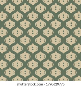 Grid pattern marked with small signs and pairs of dots. Wallpaper texture. Decorative background in dark green and beige.