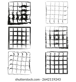 Grid pattern set. Distorted square meshes. Vector warped lines. Abstract structure design.