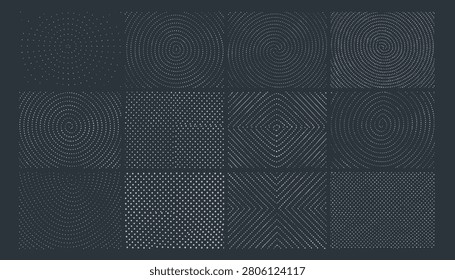 Grid pattern of twelve dark grey seamless textures featuring fine dots, spirals, diamonds, and micro geometric lines.