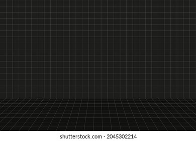 Grid perspective black room. Floor and wall. Gray wireframe background. Digital cyber box technology model. Vector abstract architectural template
