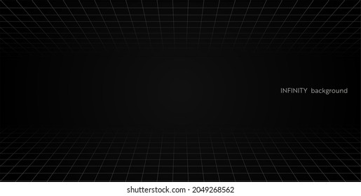 El suelo y el apio de la habitación negra con perspectiva de la cuadrícula. Fondo del armazón del alambre gris. Modelo de tecnología de cibercaja digital. Plantilla de arquitectura abstracta de vector