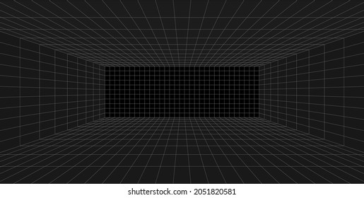 Grid perspective black room. Gray wireframe background. Digital cyber box technology model. Vector abstract architectural template
