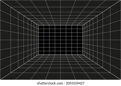 Grid perspective black room. Gray wireframe background. Digital cyber box technology model. Vector abstract architectural template