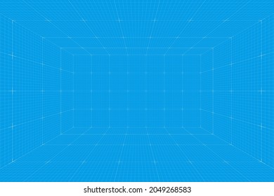 Grid perspective blueprint room. Wireframe millimeter paper background. Digital cyber box technology model. Vector blank architectural template