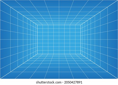 Grid perspective blueprint room. Wireframe millimeter paper background. Digital cyber box technology model. Vector blank architectural template