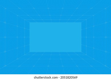 Sala de planos de la perspectiva de la cuadrícula. Fondo de papel de milímetro de alambre. Modelo de tecnología de cibercaja digital. Plantilla de arquitectura en blanco vector