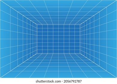 Sala de planos de la perspectiva de la cuadrícula. Fondo de papel de milímetro de alambre. Modelo de tecnología de cibercaja digital. Plantilla de arquitectura en blanco vector