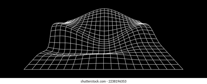 Deformación de la perspectiva de cuadrícula. Mazo de cables de terreno blanco sobre fondo negro. Estructura de mallas de socorro. Superficie de entramado distorsionada. Ilustración gráfica vectorial.