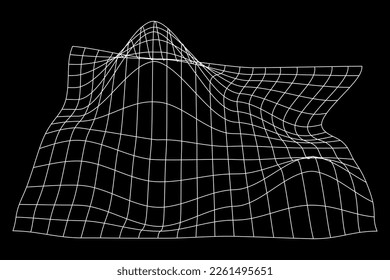 Deformación de la perspectiva de cuadrícula. Mazo de cables de terreno blanco sobre fondo negro. Estructura de mallas de socorro. Superficie de entramado distorsionada. Ilustración gráfica vectorial.