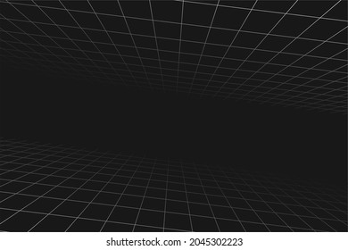 Grid perspective sloping black room. Floor and celling. Gray wireframe background. Digital cyber box technology model. Vector abstract architectural template