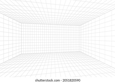 Grid perspective white room with gray wireframe background. Digital cyber box technology model. Vector abstract architectural template