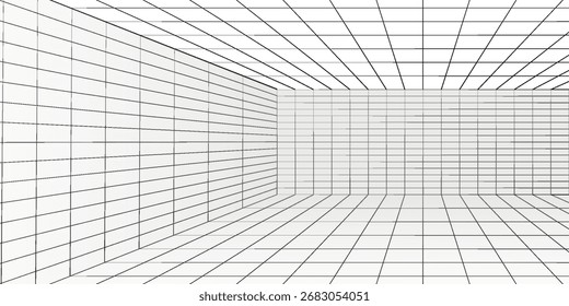 Habitación blanca con perspectiva de rejilla con fondo de estructura de alambre gris. modelo de tecnología de caja cibernética digital. Vector abstracto. eps 10
