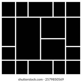 Grid photo collage template mood board. Black mosaic art grid arrangement. Picture frame composition portfolio collection. comics page grid layout abstract photo frames.