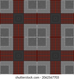 Patrón transparente tartán de plaid con rejilla. Fondo geométrico vectorial. Fondo tribal de repetición étnica. Diseño moderno con marcos, bordes, cuadrados, líneas. Líneas celulares controladas para los objetos. Textura sin fin.