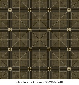 Grid plaid tartan seamless pattern. Vector geometric background. Tribal ethnic repeat backdrop. Modern design with frames, borders, squares, lines. Checkered cell lines oraments. Greek key, meanders.