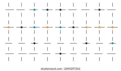 A grid of points with scattered colored dots on a white background.
