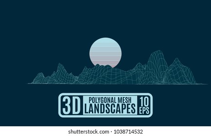 grid polygonal computer mountain island with the moon vector drawing