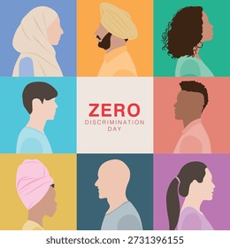 Ilustração vetorial de retratos em grade de indivíduos diversos representando igualdade, inclusão e diversidade cultural para a campanha do Dia de Discriminação Zero.