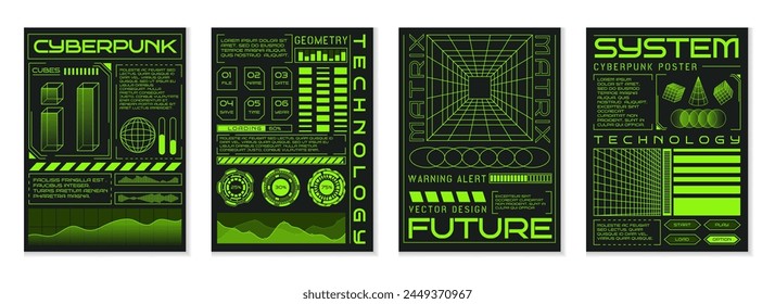 Grid poster. Abstract neon green elements, space technology. Futuristic design planet, retro HUD cyberpunk style. Techno cyber, retrofuturistic synthwave background punk. Vector garish flyer template