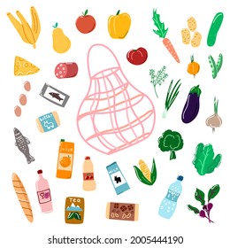 A grid for products and a set of various foods. Vegetables, fruits, protein products and beverages. A grocery basket.