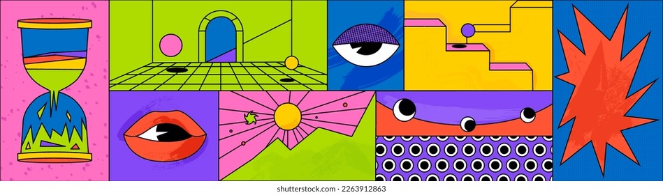 Una cuadrícula de ilustración contemporánea psicodélica. Estilo groovy. Absorción de vectores con lentes de arena. Montañas y ojos. Emociones geométricas 