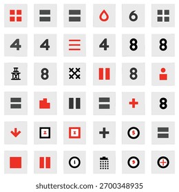 Grid of Red and Gray UI Icons and Numbers symbol interface