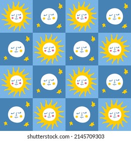 Grid retro seamless pattern with sun and moon in 1970s style. Funny simple print for T-shirt, paper, card and stationery. Doodle vector illustration for decor and design.

