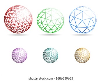 Grid riangle spheres isolated on white background with color samples. Vector illustration.